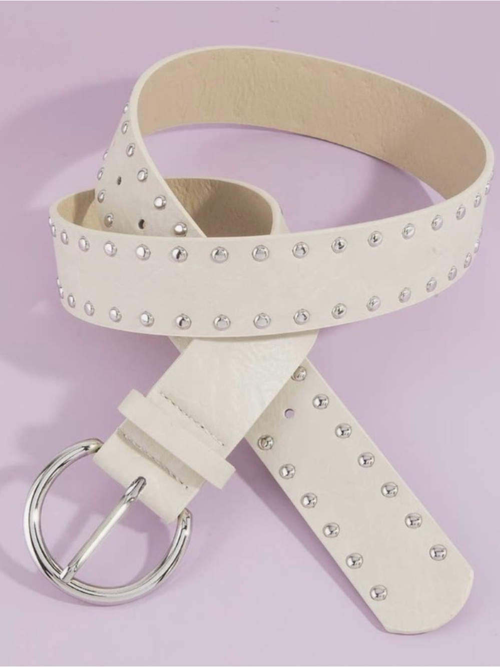 Studded White Vegan Leather Belt with Silver Ring Buckle